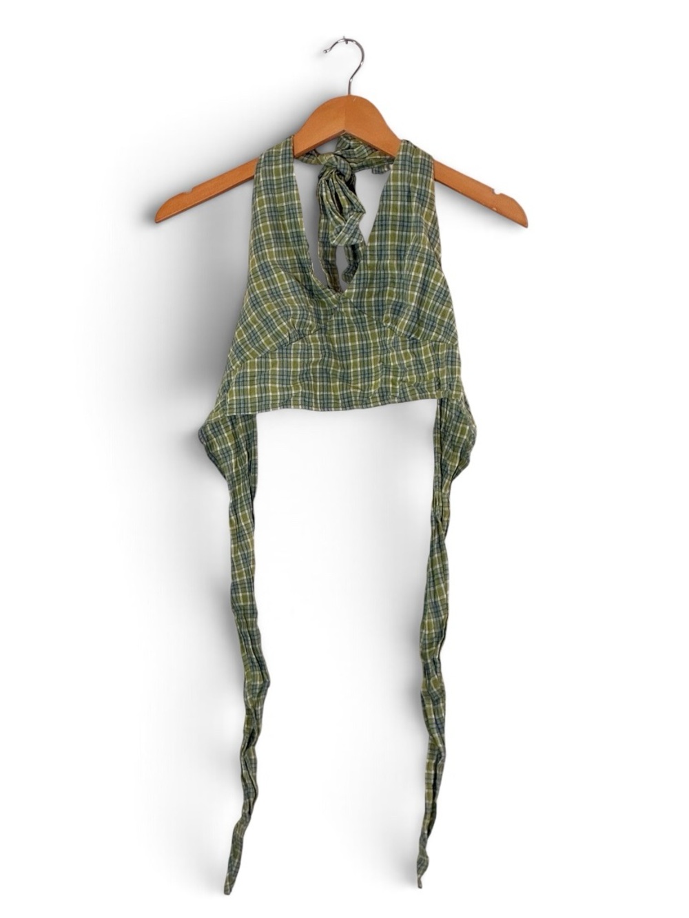 Shein | Cotton green plaid halter wrap tie back triangle cups crop top bralette